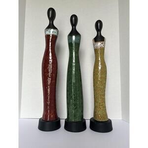 Vintage Glazed Ebony Clay/Ceramic Woman Figurines-Party Ladies JATEX